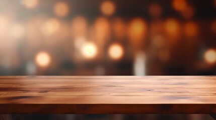 Empty wooden table for product presentation, bokeh effect in the background, natural warm interior