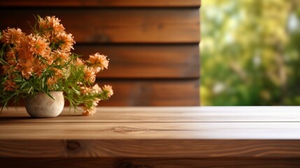 Wooden table with flowers for product presentation, warm interior