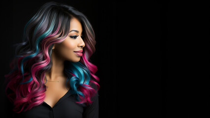 Fototapeta premium Hübsche Frau mit pink blau gefärbten und gelockten Haar mit modernster Frisur und edlen Visagistik Make up als Poster Nahaufnahme Querformat, ai generativ