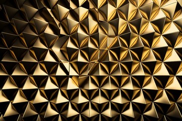 Luxurious gold wall made of glossy triangular tiles arranged in a 3D pattern. Generative AI