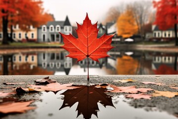 Fototapeta premium La Tuque: The name of the Canadian city La Tuque in the province Quebec in front of a photo with the Canadian maple leaf. Generative AI