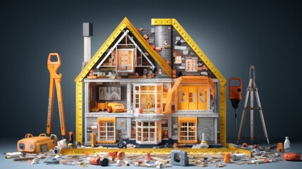 A miniature house with construction tools around it - obrazy, fototapety, plakaty
