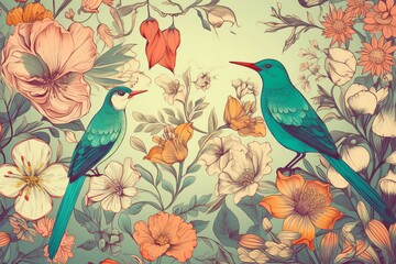 Vintage floral illustration with exotic birds and flowers, suitable for wallpaper, fabric, poster, print, and mural. Generative AI