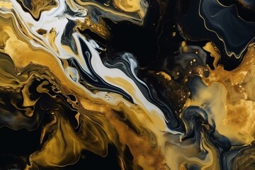 Golden and black liquid marble background with fractal flowers. Resin geode and abstract art, functional art, like watercolor geode painting. 3D wallpaper for wall frames.v2. Generative AI