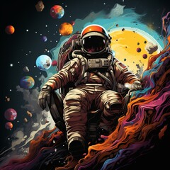 
Astronaut in space, man in a spacesuit floating in the galaxy, Concept: illustration of a man in zero gravity. Mockup design for t-shirt or postcard