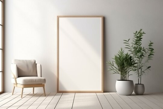 A 3D rendering of an empty frame interior poster mock-up with plants in the room. Generative AI