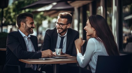 businessmen checking work on iPad, smiling cheerfully, succeeding