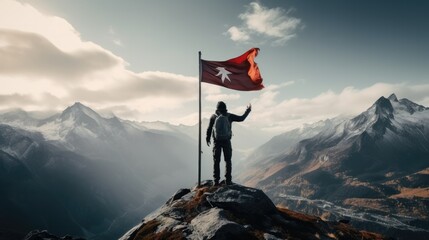 Naklejka na ściany i meble Rear view, Success leadership concept, Man standing on top of mountain with flag.