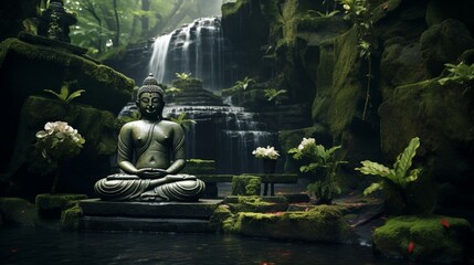 A tranquil waterfall cascading behind a meditating Buddha sculpture.