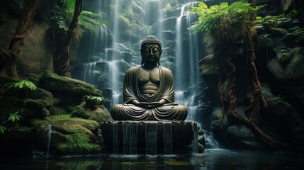 A tranquil waterfall cascading behind a meditating Buddha sculpture. - obrazy, fototapety, plakaty