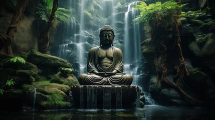 A tranquil waterfall cascading behind a meditating Buddha sculpture. © Bea