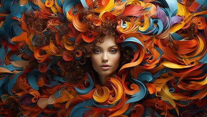 Hübsche Model Frau mit gefärbten und gelockten Haar und schönen Makeup mit aufwendigen Kopfschmuck im Querformat für Banner Nahaufnahme, ai generativ - obrazy, fototapety, plakaty