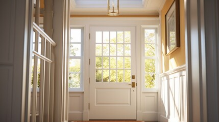 A transom window above a door, allowing extra light into the hallway. - obrazy, fototapety, plakaty