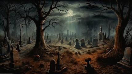 Graveyard In The Spooky Night - Halloween - obrazy, fototapety, plakaty