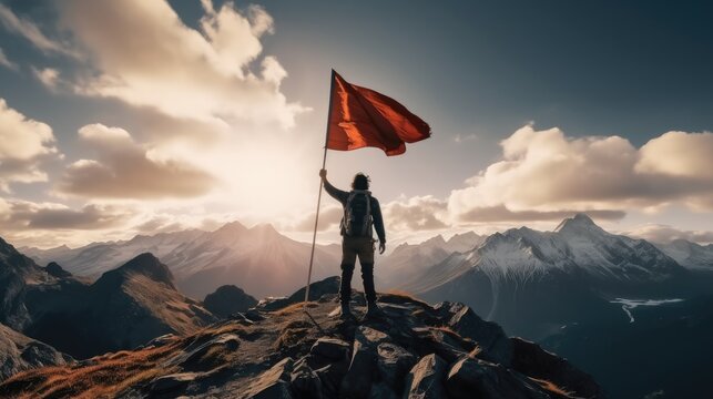 Rear View, Success Leadership Concept, Man Standing On Top Of Mountain With Flag.