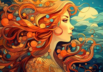 Artistic illustration of a portrait of a mermaid with loose hair against the night sky and sea waves. Close-up profile of a cute girl. Digital art. Design for cover, card, postcard, interior design.