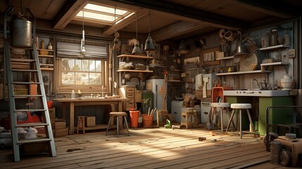 Fototapeta premium A room filled with various furniture and a ladder