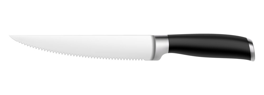 Chef's kitchen knife with a black handle isolated on a white background. 3d render of bread knife or professional kitchen utensils. Realistic vector illustration. Mock up.