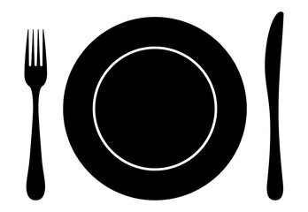 Cutlery icon. Plate fork and knife isolated on white background. Flat design, vector silhouette