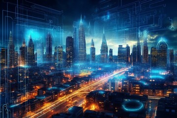 Fototapeta na wymiar Futuristic cyberspace metropolis; protecting against hacking. Coding, technology, connectivity. Generative AI