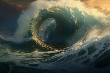a massive ocean wave, a colossal tsunami on the open waters. sea backdrop. Generative AI - obrazy, fototapety, plakaty