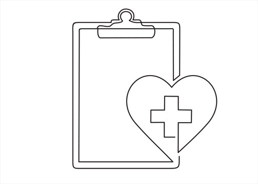 Continuous one line drawing of clipboard with heart, medical check form report, health checkup concept metaphor illustration one line design vector. 