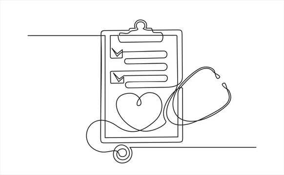 Continuous one line drawing of clipboard with stethoscope, medical check form report, health checkup concept metaphor illustration one line design vector. 