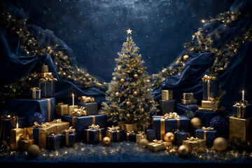 Abstract christmas golden light and gift with shine particles bokeh on navy blue background.