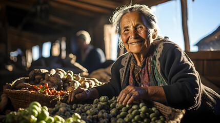 Aboriginal woman from Peru, collecting organic food from her mountain garden, country life, local culture and tradition, life in Latin America - obrazy, fototapety, plakaty