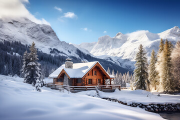Picturesque landscape with small wooden log cabin or cottage in winter mountains. Snowy hills with blue sky on the background - Powered by Adobe