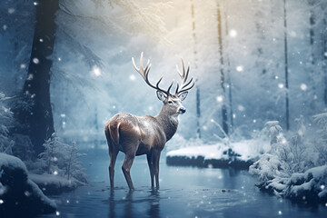 Young beautiful deer in winter forest. Winter time and Christmas concept