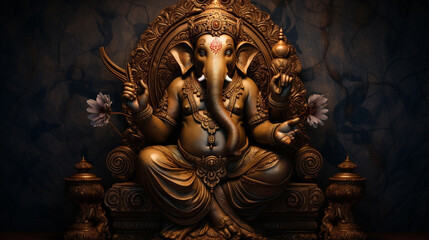 A picture of Ganesha is depicted in a seated posture against a dark background, exuding an aura of divine serenity and wisdom. AI Generated. - obrazy, fototapety, plakaty