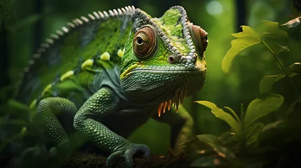 Foto op Canvas A close-up view reveals a green-colored chameleon in its natural habitat, blending seamlessly with the lush surroundings and showcasing its remarkable camouflage abilities. AI Generated. © 1st footage