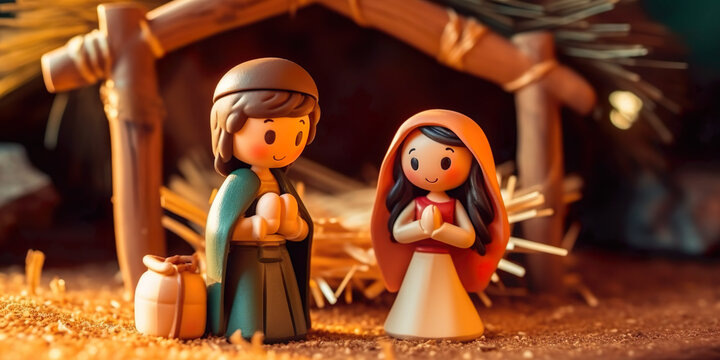 Christmas nativity figures, shepherds outside the manger, toys