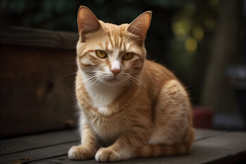 Light brown, faintly striped house cat crouched on a veranda with a blurred background.