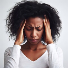 Portrait of a young black woman grimacing while massaging a headache - obrazy, fototapety, plakaty