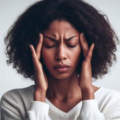 Portrait of a young black woman grimacing while massaging a headache - obrazy, fototapety, plakaty
