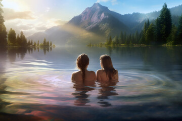 two women sharing a romantic wilderness experience - obrazy, fototapety, plakaty