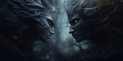 Face to face creature on dark smoky background