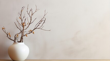 An aged tree branch with copy space in the backdrop is shown in a contemporary white round vase against a beige wall. Apartment's idea of natural beauty and interior design components