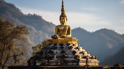 An ancient stone stupa with a golden Buddha statue at its peak. - obrazy, fototapety, plakaty