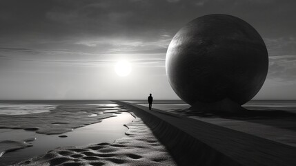 A huge sphere next to the path of a man walking through a surreal desert at night. The concept of a man getting out of a difficult situation and overcoming difficulties on the way. Lone silhouette. - obrazy, fototapety, plakaty