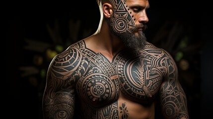 
Polynesian style tattoo on a man's muscular and athletic body. Patterns and designs on the body, skin painting. - obrazy, fototapety, plakaty