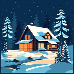 Christmas. House in the winter forest. Postcard. High quality vector illustration.