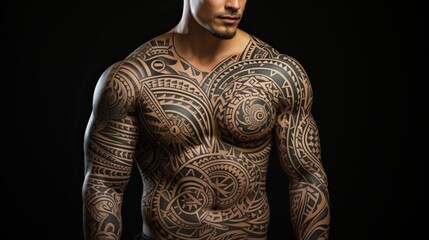 
Polynesian style tattoo on a man's muscular and athletic body. Patterns and designs on the body,...