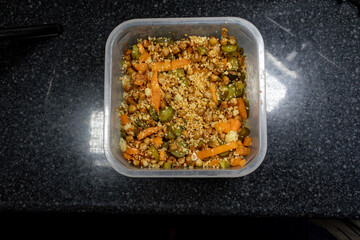 Vegan food preparation. high in protein. chickpeas and couscous