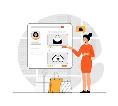 Shopping online. Woman ordering goods at store webpage and making bargain purchases. Illustration with people scene in flat design for website and mobile development.