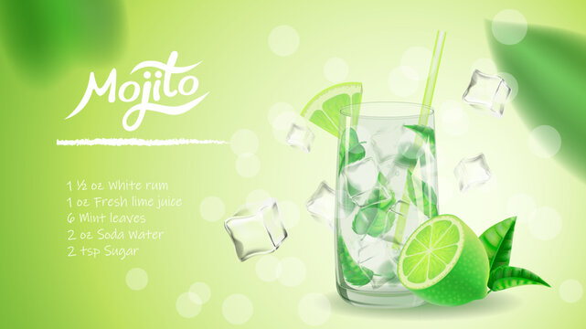 High quality mojito recipe card. Realistic vector mojito glass illustration for menu, banner, poster and flyer. Flying ice cubes, leaves and lime. Cold summer cocktail