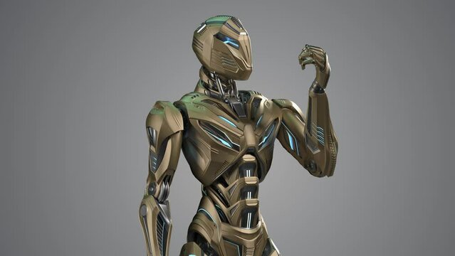 Detailed futuristic robot or humanoid cyborg looking at his arm. Upper body isolated on color background with alpha. 3d rendering animation