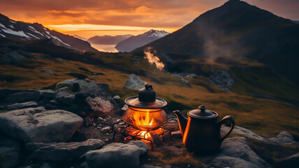 Camp fire and tea pot, tent and mountains in the background at sunset, Generative AI